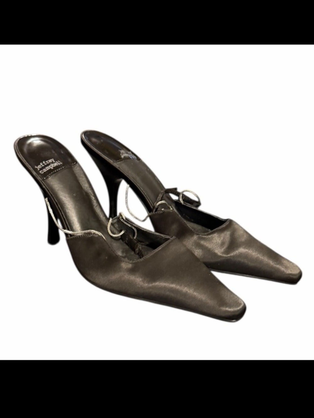 Jeffrey Campbell Satin Kitten Heels Pointed Toe Silver Chain Women’s Size 8 VGC